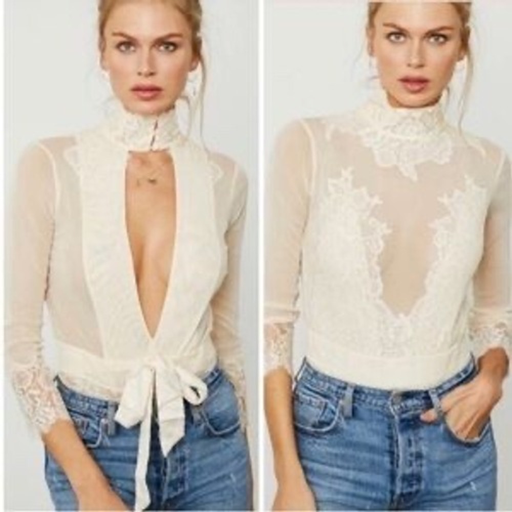 NWT We Are HAH Take HAH Bow Reversible Lace Bodysuit - La Creme Ivory‎ - Size L